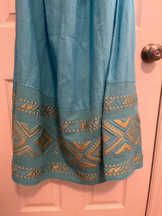 ✨ Haris Cotton Linen Skirt L Turquoise Gold Embroidered Greece Boho - Picture 5 of 9